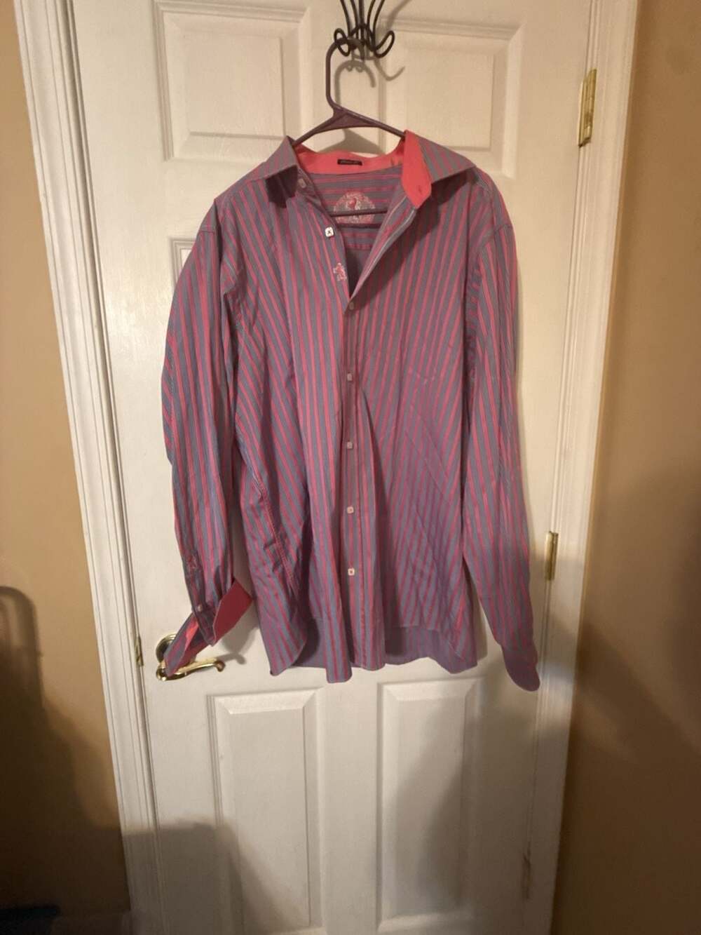 Bugatchi Classic Fit Striped Long Sleeve Dress Shirt Size XL Pink Blue